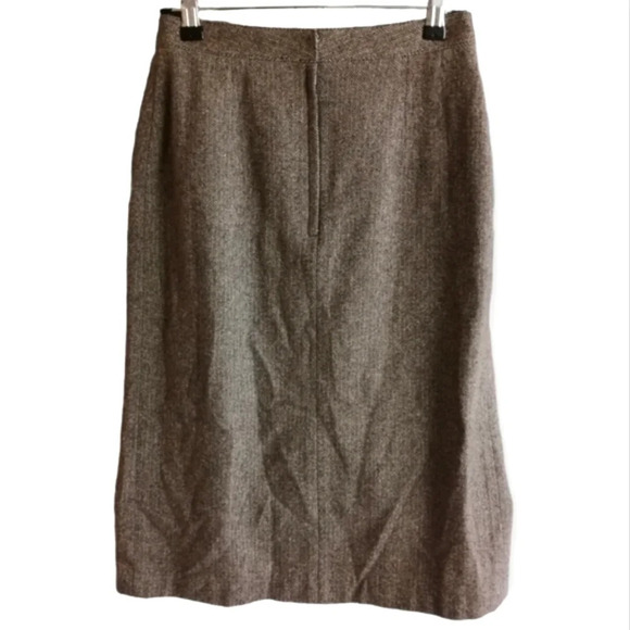 Vintage Wool Herringbone Pleated Brown Midi Skirt with Leather Accents 40 Small - Picture 2 of 14